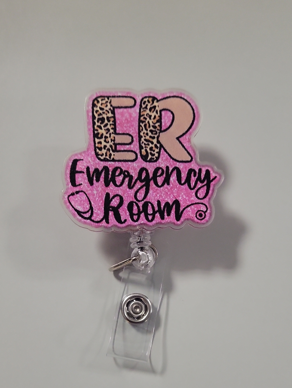 4/$25 Pink "ER Emergency Room" Badge Reel - Glitter Nursing Accessory
